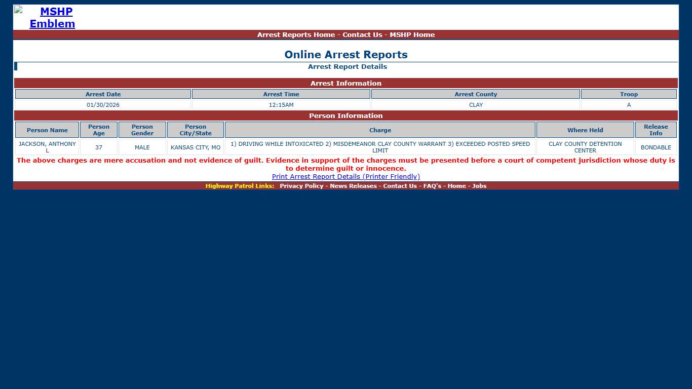 Missouri State Highway Patrol - Arrest Report Details